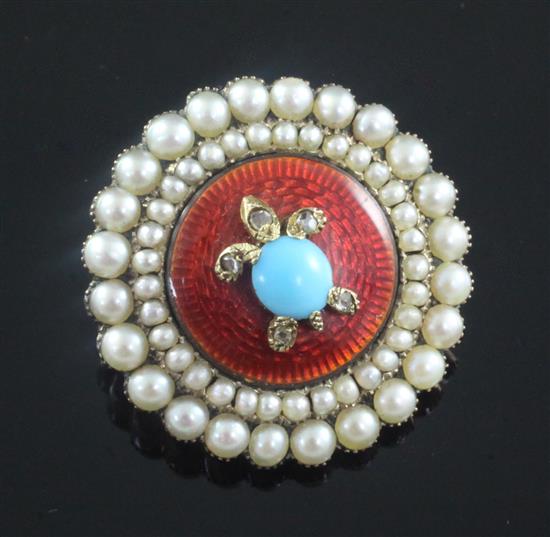 A late Victorian gold, red enamel and split pearl circular brooch with turquoise and rose cut diamond set turtle motif, 26mm.